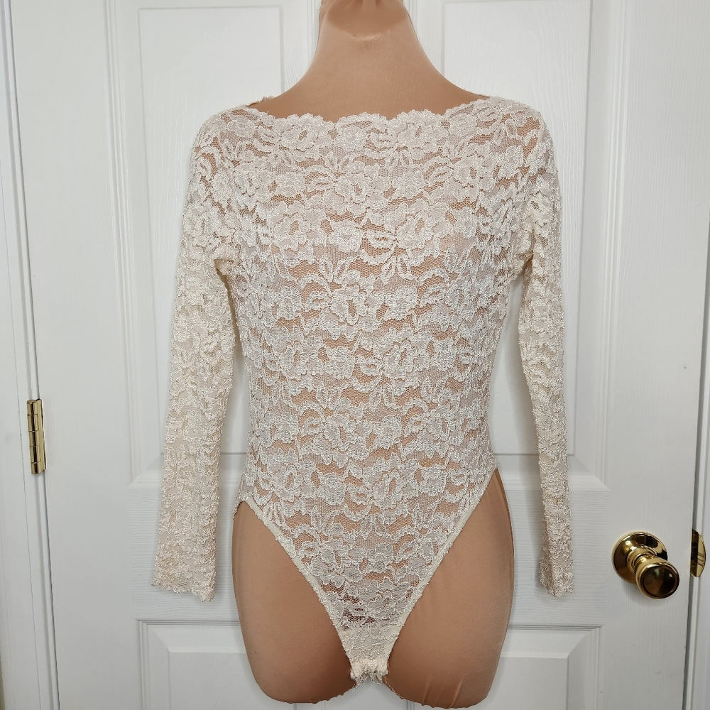 Vintage Victoria's Secret Lace Body Suit Long Sleeve Ivory White USA Size Small